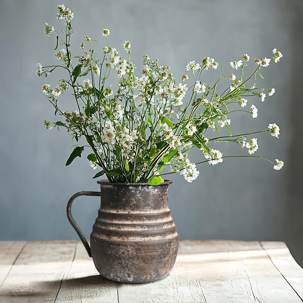 Rustic Metal Farmhouse Vase Shabby Chic Small Pitcher Fall Vase Brown Decorative Vase for Farmhouse Kitchen Decor