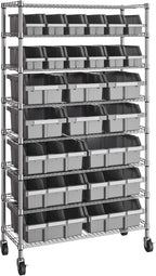 Seville Classics Heavy Duty NSF Bin Rack Solid Steel Wire Shelving Storage Unit, Patented Organizer for Garage, Warehouse, Office, Restaurant, Classroom, Kitchen, Gray, 8-Tier Includes 24 Bins