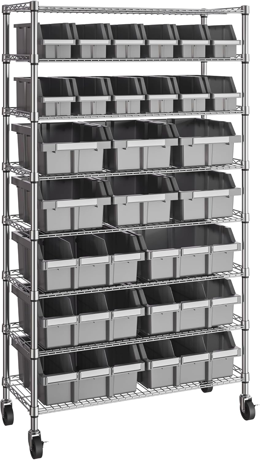 Seville Classics Heavy Duty NSF Bin Rack Solid Steel Wire Shelving Storage Unit, Patented Organizer for Garage, Warehouse, Office, Restaurant, Classroom, Kitchen, Gray, 8-Tier Includes 24 Bins