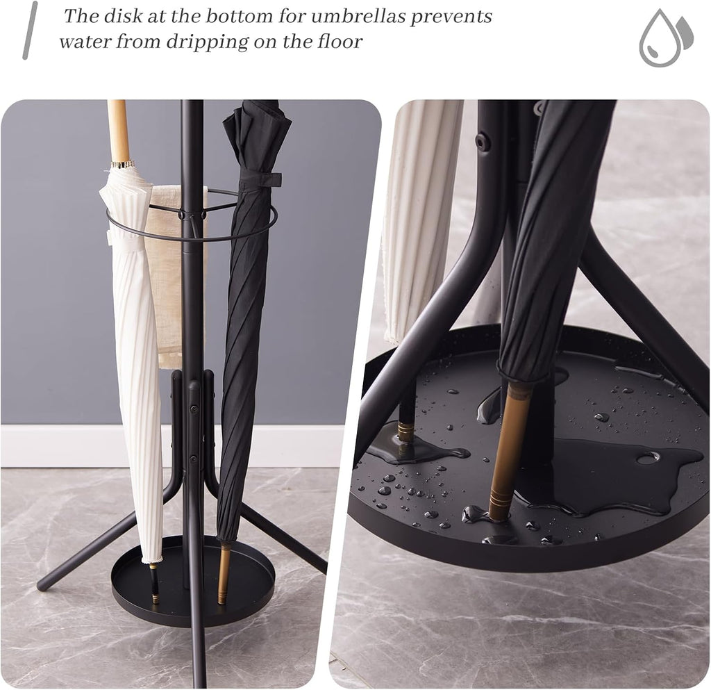 Kitsanery Coat Rack Freestanding,Metal Coat Tree with Umbrella Holder,Hat and Coat Rack Stand for Entryway, Hallway, Living Room, Bedroom (Black)