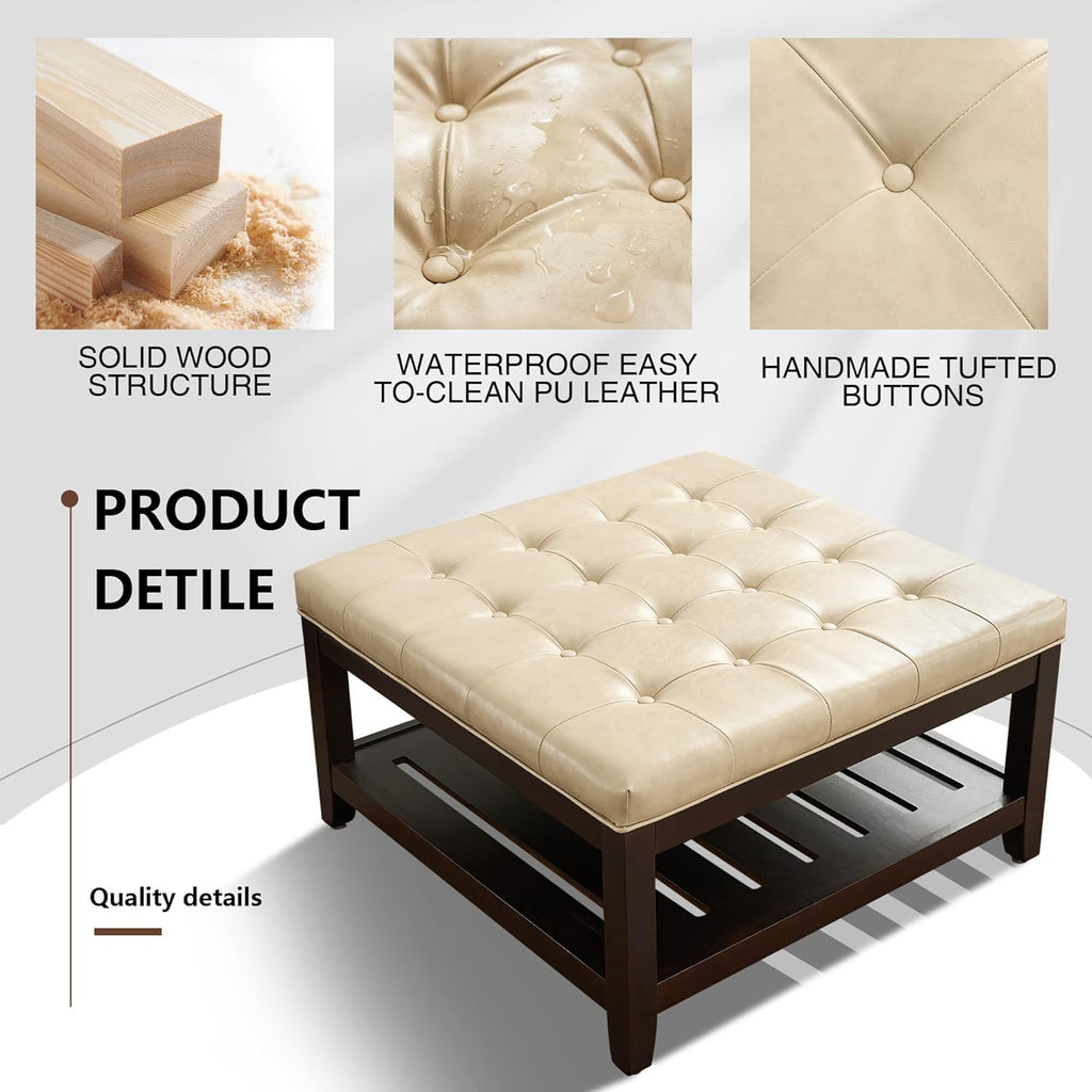adochr 33'' PU Leather Large Square Ottoman Coffee Table with Storage, Upholstered Button Tufted Footrest Ottoman with Solid Wooden Tray,Coffee Table for Living Room,Ivory