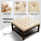 adochr 33'' PU Leather Large Square Ottoman Coffee Table with Storage, Upholstered Button Tufted Footrest Ottoman with Solid Wooden Tray,Coffee Table for Living Room,Ivory
