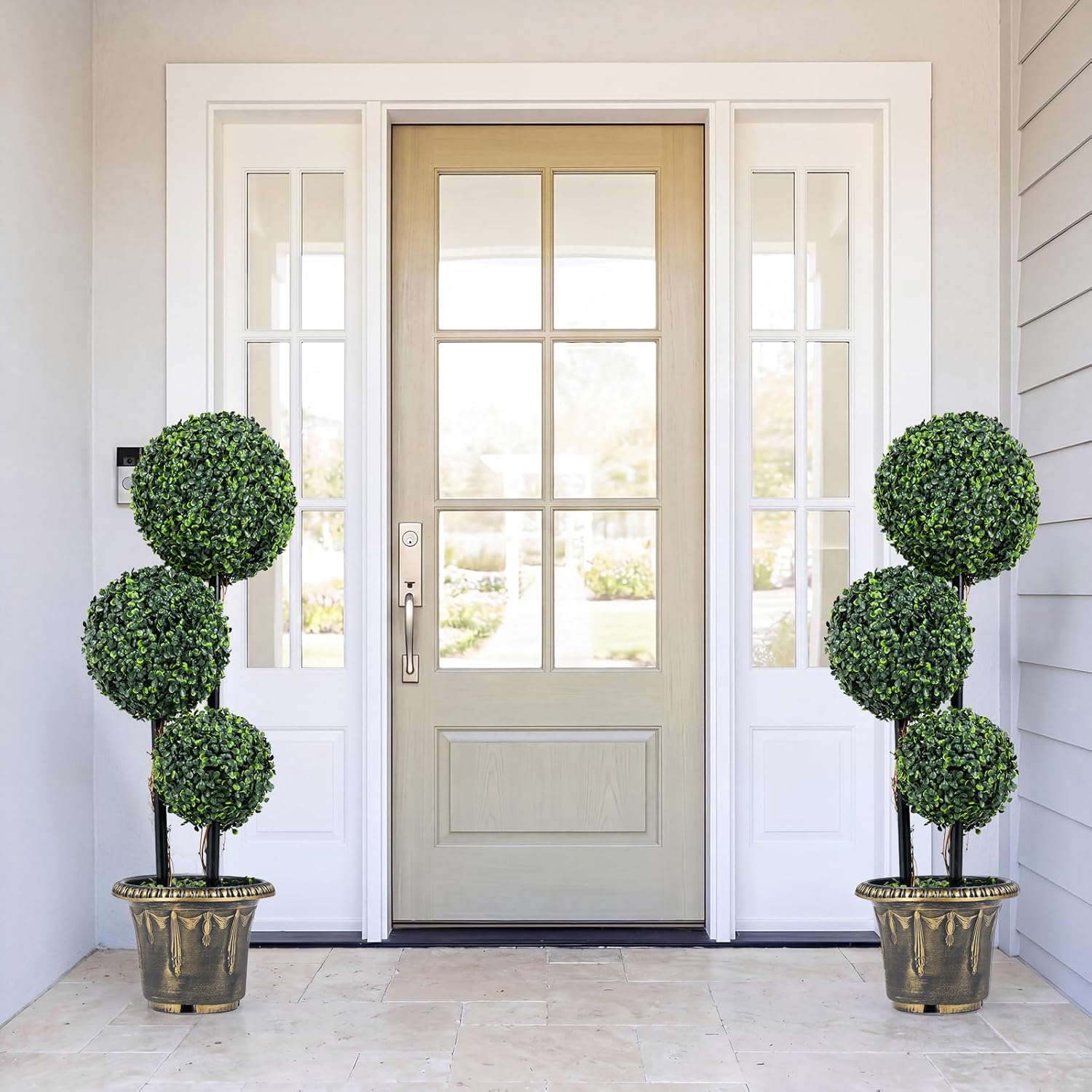 Goplus 3 FT Artificial Boxwood Topiary Tree, Sun-Protective Triple Ball Fake Plants Shrubs, Evergreen Faux Potted Plants for Indoor Outdoor Home Office Front Porch Decor