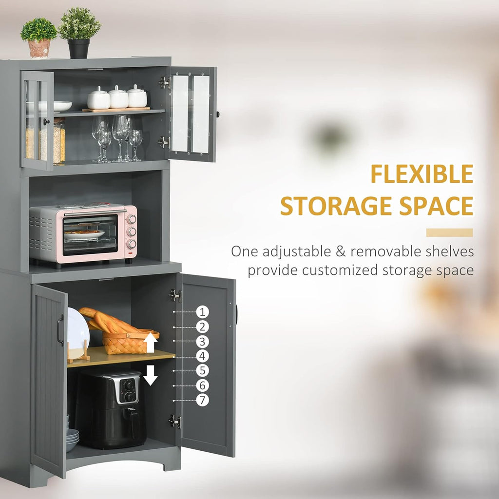 HOMCOM Kitchen Hutch, 70" Pantry Cabinet with Glass Framed Door, Storage Cabinet with Adjustable Shelves and Microwave Space for Dining Room, Gray