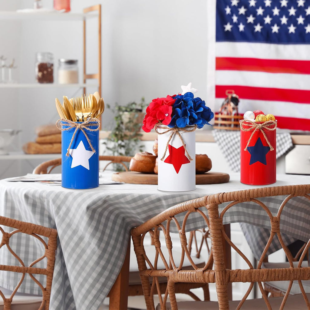 Domensi 6 Pcs 4th of July Table Centerpiece Patriotic Vases Decor Galvanized Metal Vases for Flowers Red White Blue Mason Jars Utensil Holder for Kitchen Home Independence Day Labor Day Decorations