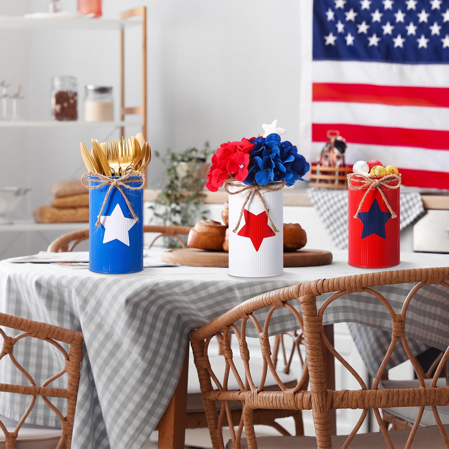 Domensi 6 Pcs 4th of July Table Centerpiece Patriotic Vases Decor Galvanized Metal Vases for Flowers Red White Blue Mason Jars Utensil Holder for Kitchen Home Independence Day Labor Day Decorations