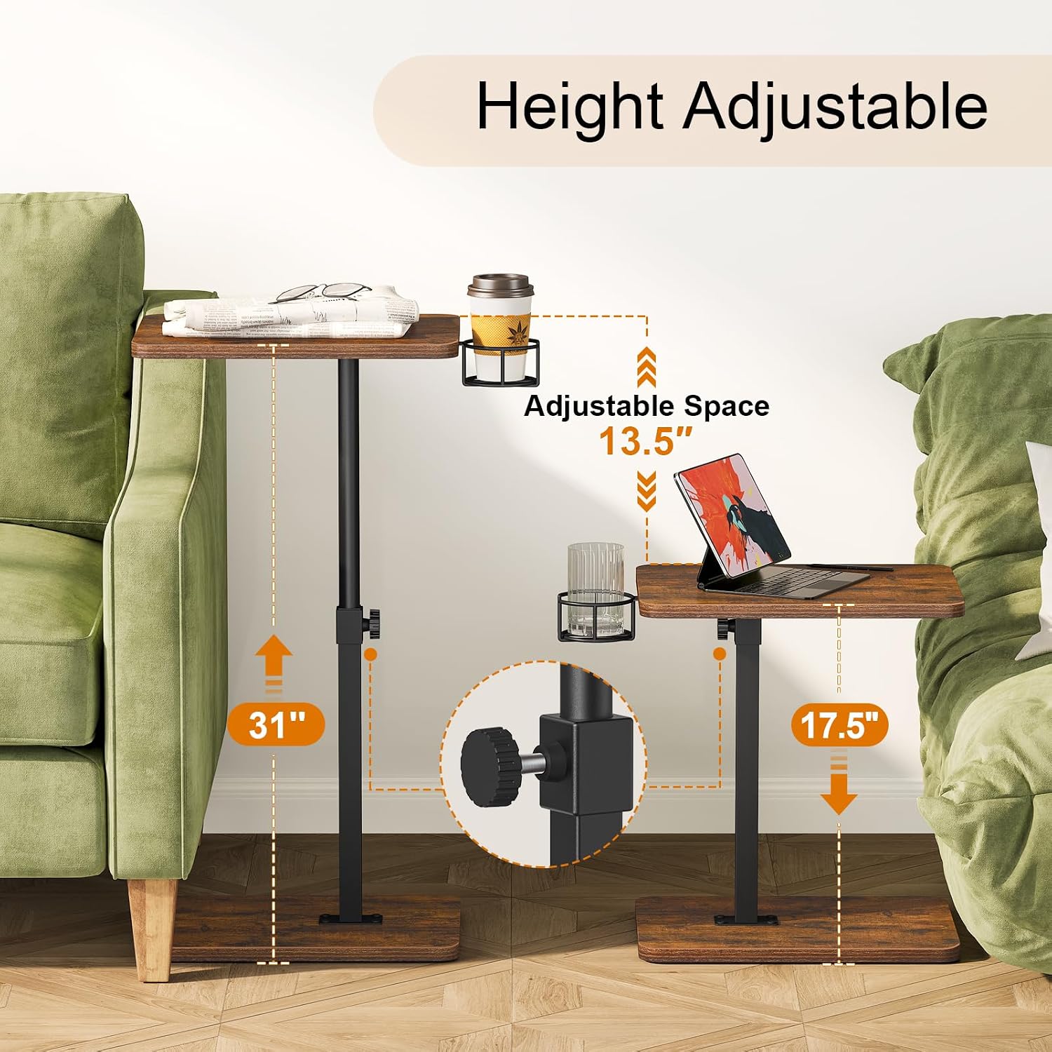Giikin TV Tray Table, 360° Swivel Height Adjustable TV Trays for Eating on Couch,Sofa Armrest Side Table for Small Spaces Sofa Bed Dinner, Rustic Brown