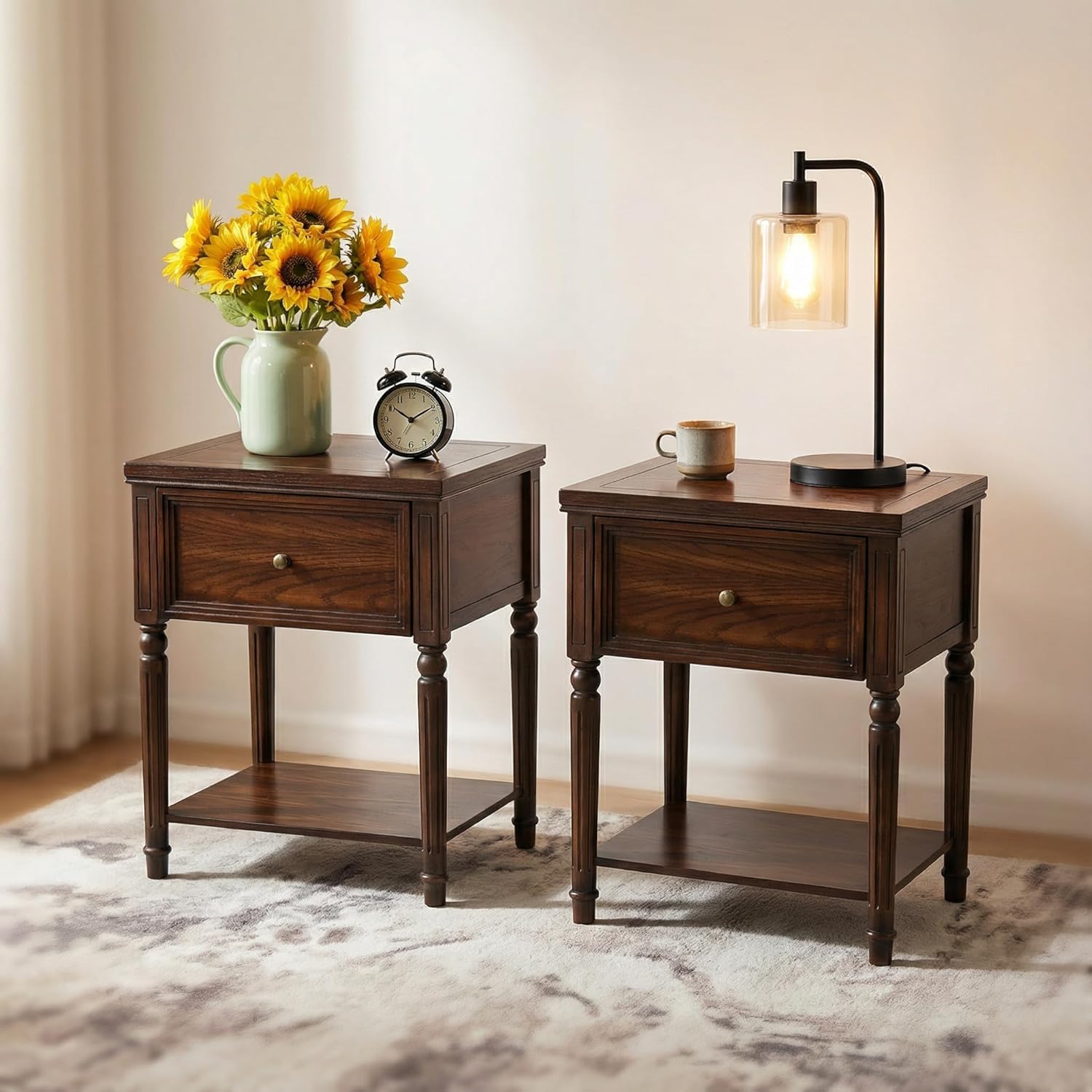 Solid Wood Nightstands Set of 2 with Drawer, Farmhouse End Table Sofa Side Table with Storage Shelves, Real Wood Beside Table Accent Table for Small Spaces, Living Room, Easy Assembly (Walnut)