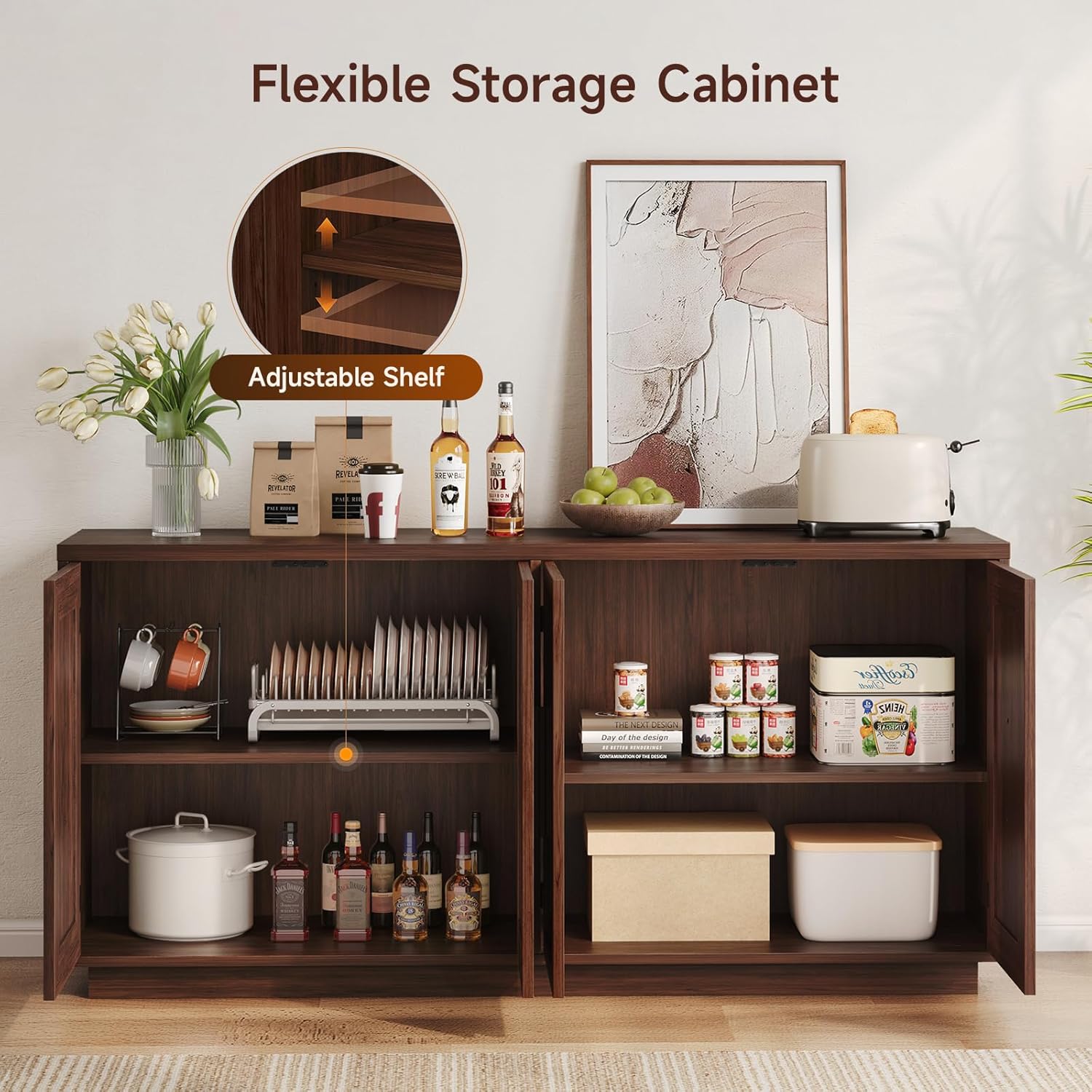 ONBRILL 63 Inch Sideboard Buffet Cabinet with Storage, Large Coffee Bar Cabinet with 4 Doors, Adjustable Shelves, Credenza Storage Cabinets for Kitchen, Living Room, Entryway, Dark Walnut