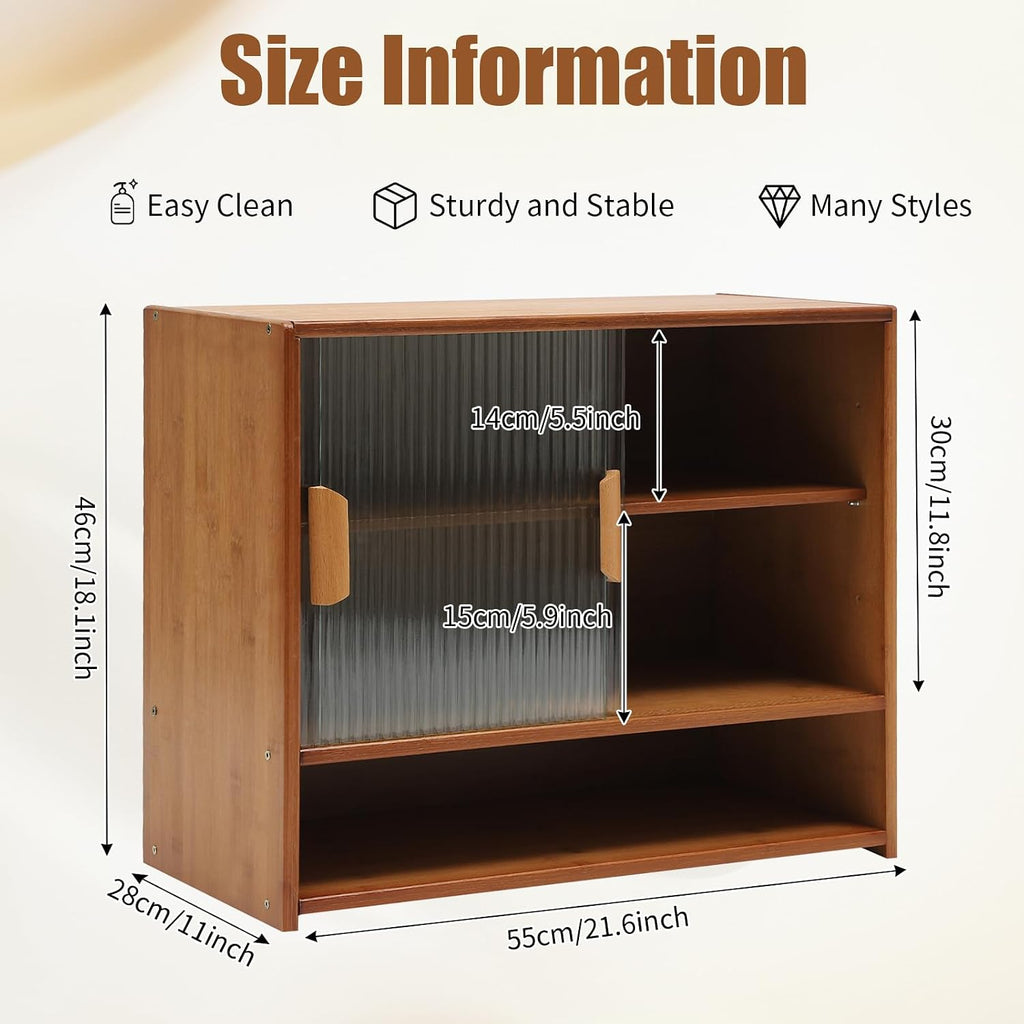 Small Bamboo Kitchen Pantry Sideboard, 3Tiers Freestanding Countertop Storage Cabinet with 2 Acrylic Doors Black Storage Shelf, Sliding Pantry Cabinet for Home Bar, Coffee Bar (Tea-Colored)