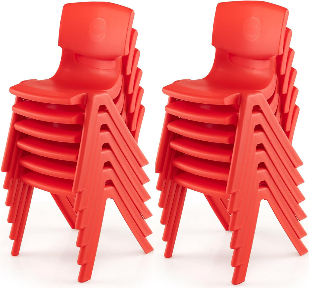 12 Pack Premium 13.8" H Plastic Stackable School Chairs - Classroom & Kids Desk Chair, Toddler & Child Lawn Seating - Flexible, Durable & Easy Storage - Red