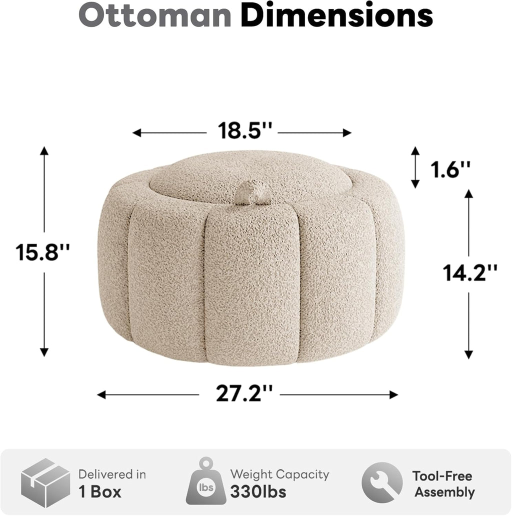 Tbfit Round Storage Ottoman - No Assembly Required, Storage & Sturdy Structure Multi-Functional Seat/Footrest for Living Room, Bedroom & Kids Room Soft Fabric for Family Home Use, White
