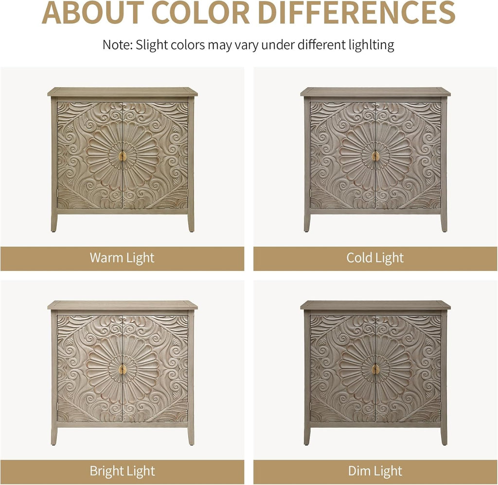 Carved Buffet Cabinet with Floral Pattern & Gold Handle, 31.5" W Distressed Sideboard with 2 Doors & Solid Wood Leg, American Style Accent Cabinet for Living Room, Kitchen, Vintage Color, 1 PC