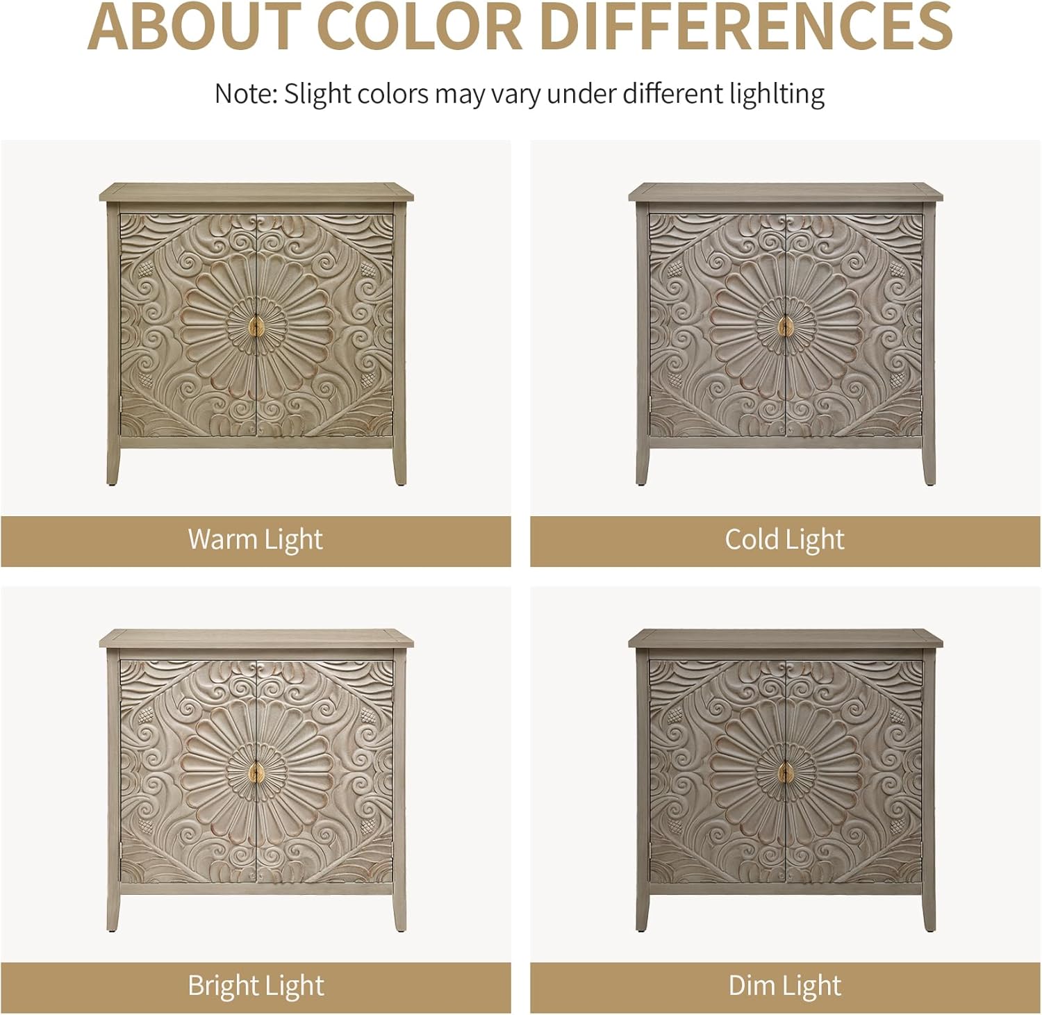 Carved Buffet Cabinet with Floral Pattern & Gold Handle, 31.5" W Distressed Sideboard with 2 Doors & Solid Wood Leg, American Style Accent Cabinet for Living Room, Kitchen, Vintage Color, 1 PC