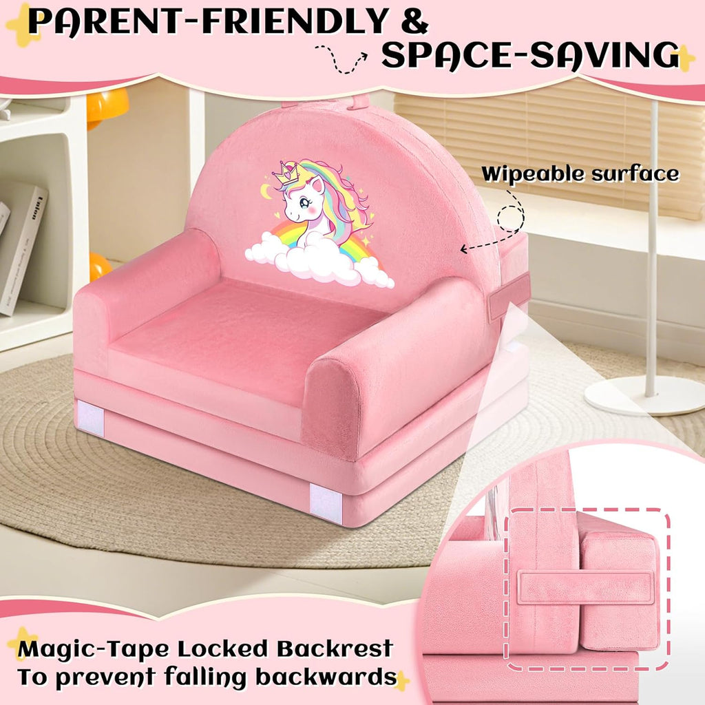 Unicorn Kids Sofa Bed with Removable Washable Cover & Hook and Loop Backrest – Foldable Toddler Chair, Cozy Crystal Velvet Furniture for Playtime, Naps & Travel (Pink, Unicorn Design)