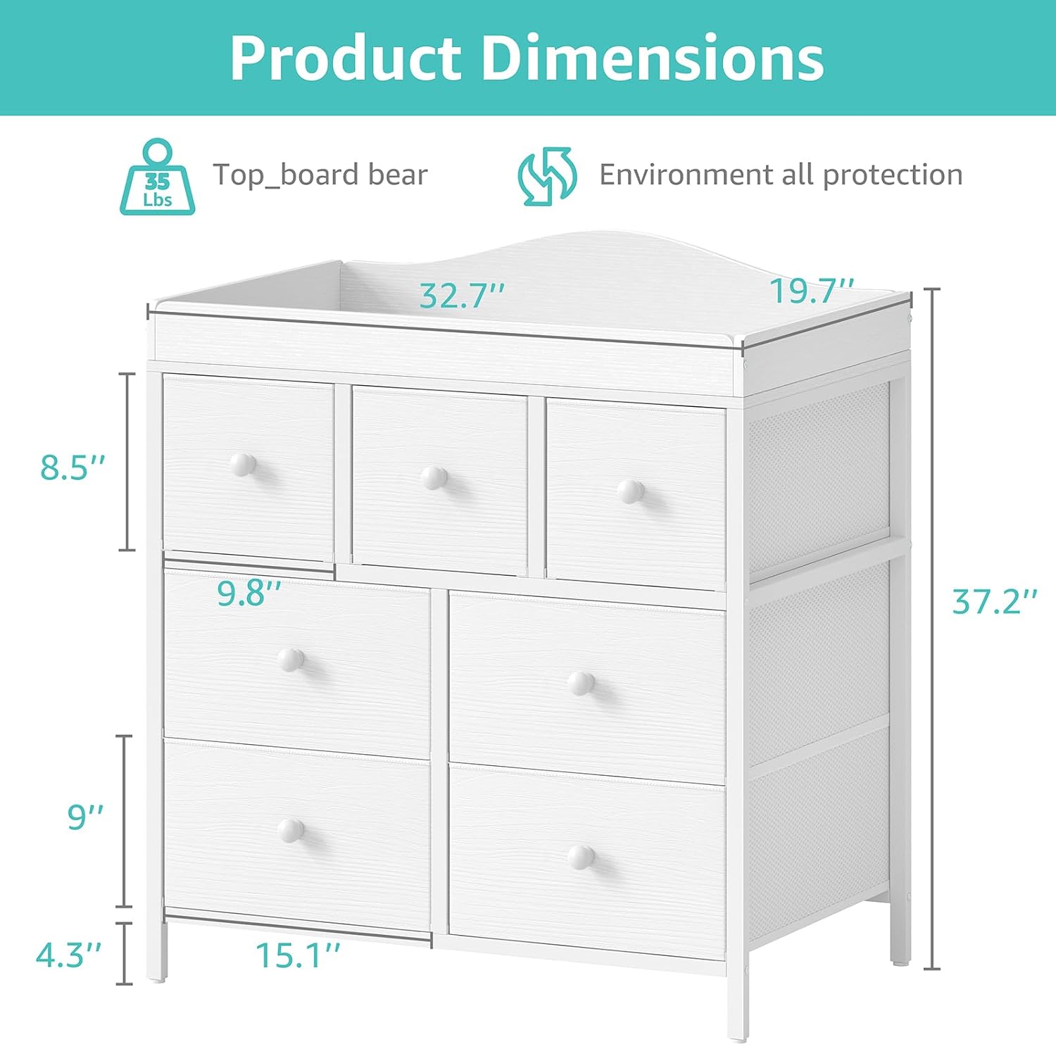 BOLUO Changing Table Dresser with Storage, Baby Dresser with Changing Table Top Diaper Changing Station with 7 Fabric Drawers for Nursery Modern