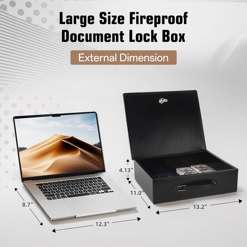 Fireproof Document Box, Fire Resistant Safe Box with Key Lock for Home, Portable Fireproof Lock Box for Personal Items, Passport, Cash, Tablet, X Large 13.2" x 11" x 4.13"