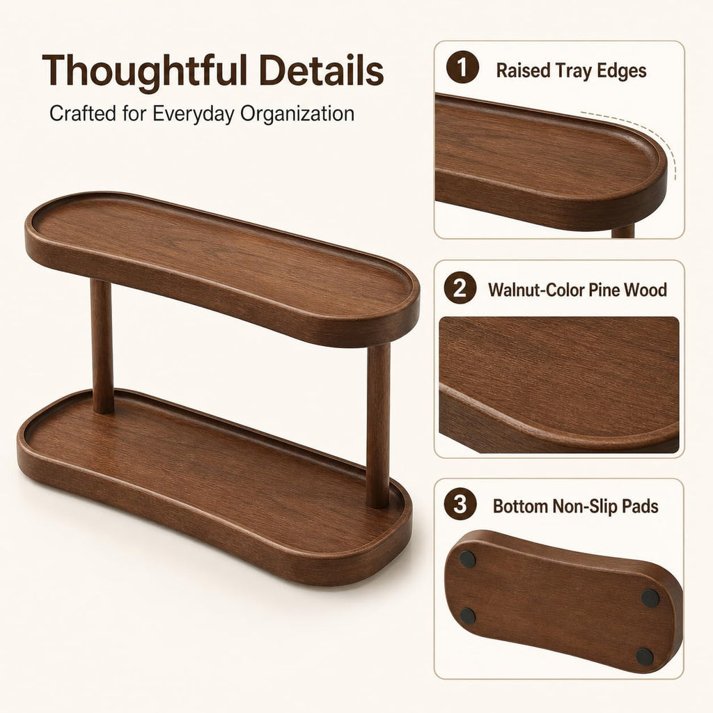 Adkoat® Two Tier Bathroom Desktop Countertop Organizer - Pine Wooden Perfume Vanity Stand Counter Shelf for Cologne Skincare Makeup Dresser Organizer - Matcha Station | Mug Display - 12.6 x 6.3 x 7.5