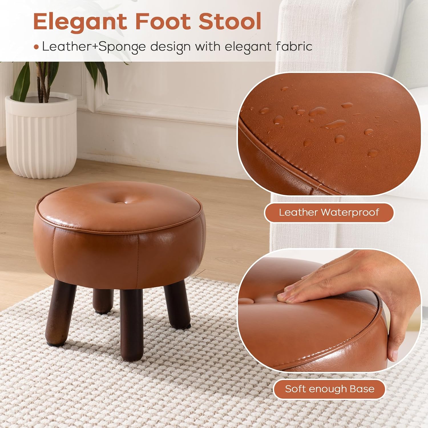 oakvivo Small Foot Stool, Round Faux Leather Pouf Ottoman Foot Rest, Footstool Ottomans with Rubber Legs Under Desk, 13''L x 13''W x 10.2''H, Footrest for Couch, Living Room, Bedroom, Hallway, Brown