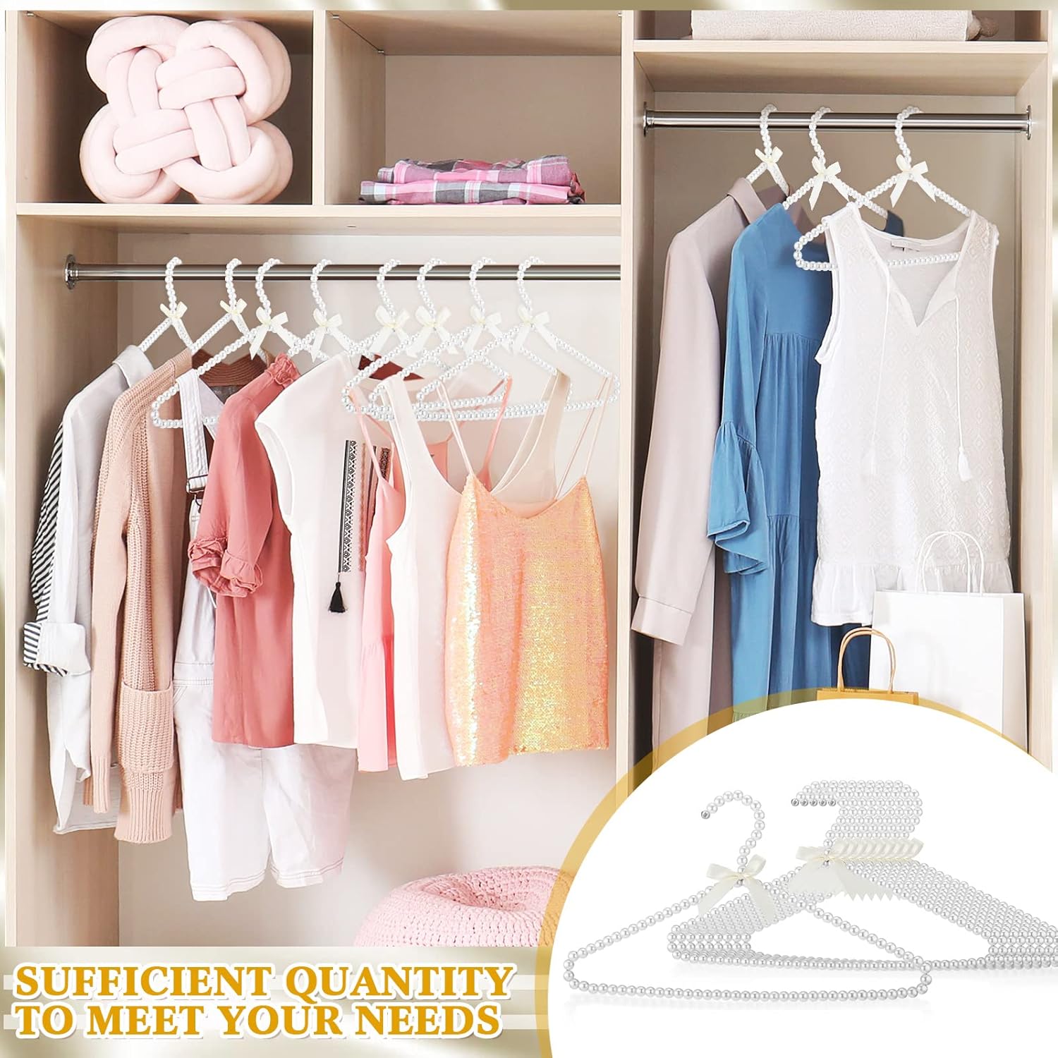 Threan 2 Pcs 16 Inch Pearl Clothes Beaded Clothing Hanger with Ribbon Bowknot Metal Elegant Clothes Standard Hanger for Women Bride Wedding Dress Coat Shirt (White)