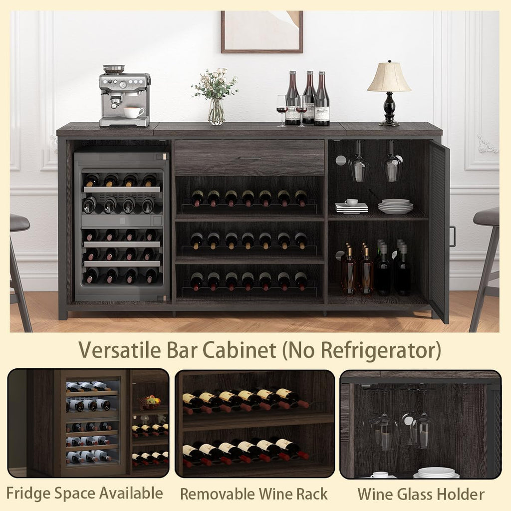 LVB Long Bar Cabinet with Fridge Space, Farmhouse Big Liquor Cabinet with Drawer Storage, Rustic Wood Metal Large Wine Cabinet with Rack, Modern Sideboard Buffet for Kitchen Dining Room, Gray, 70 Inch
