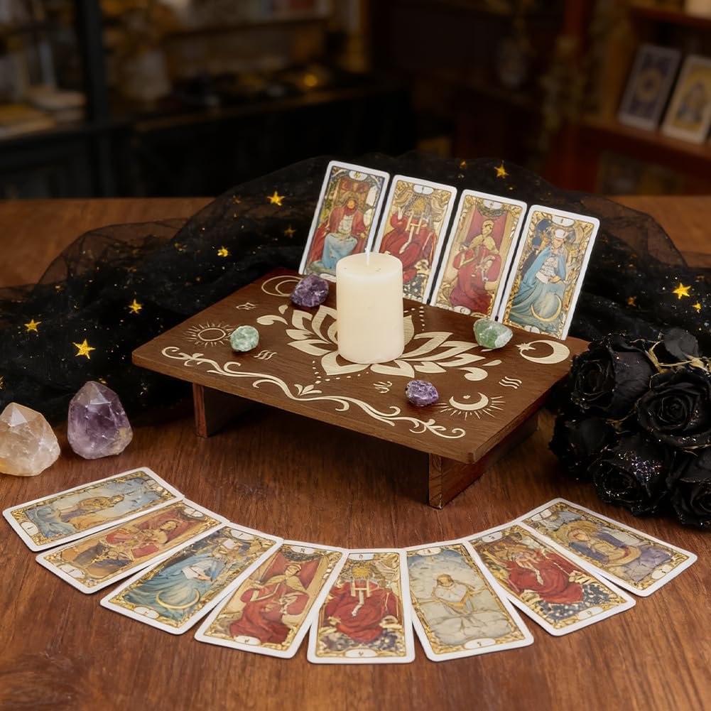 PH PandaHall Altar Table, 11.8"x7.8" Rectangle Wooden Meditation Table Engraved Flower Star Moon Patterns Wiccan Tables for Room Engraved Mystic Decor Witchcraft Supplies Buddhist Alter