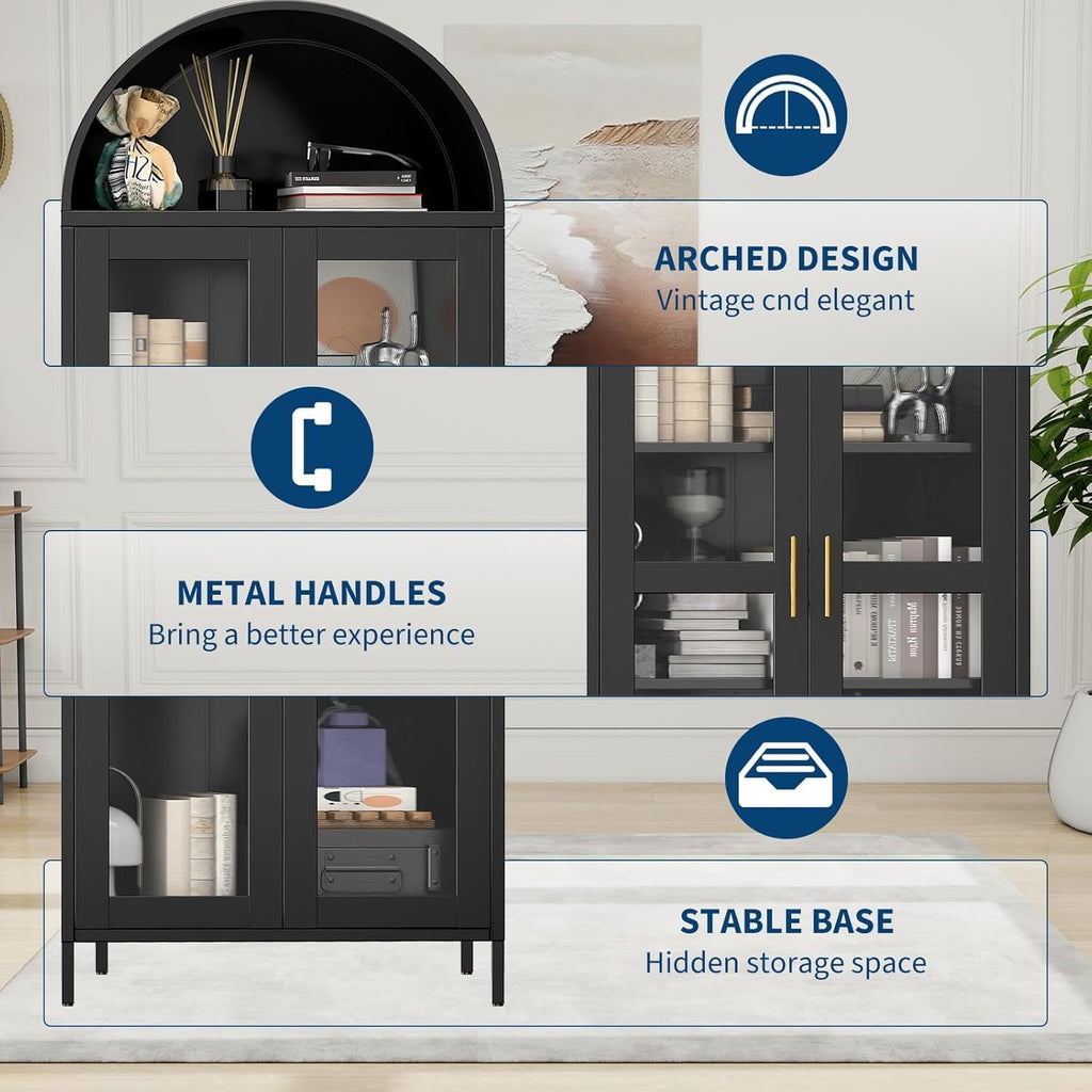 73" Tall Metal Arched Kitchen Pantry,Pantry Cabinet with Glass Door, 2 Adjustable Shelves,Modern Farmhouse Display Bookshelf for Kitchen, Dining Room, Bathroom,Black