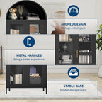 73" Tall Metal Arched Kitchen Pantry,Pantry Cabinet with Glass Door, 2 Adjustable Shelves,Modern Farmhouse Display Bookshelf for Kitchen, Dining Room, Bathroom,Black