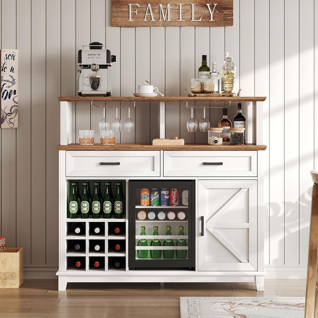 AMERLIFE 47" Farmhouse Coffee Bar Cabinet with 15" Refrigerator & Wine Rack & Glass Holder, Wine Cabinet with Storage Drawers & Open Shelves, Sideboard Buffet Cabinet for Dinging Room, Living Room