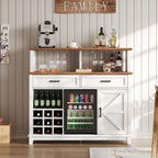 AMERLIFE 47" Farmhouse Coffee Bar Cabinet with 15" Refrigerator & Wine Rack & Glass Holder, Wine Cabinet with Storage Drawers & Open Shelves, Sideboard Buffet Cabinet for Dinging Room, Living Room