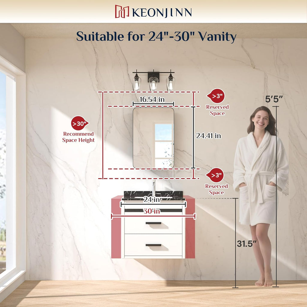 Keonjinn Black Medicine Cabinet 16 x 24 Inch, Bathroom Medicine Cabinet with Mirror, Heavy & Solid Stainless Steel Framed, Adjustable Shelves, Recessed or Wall Mount, Bathroom Mirror with Storage