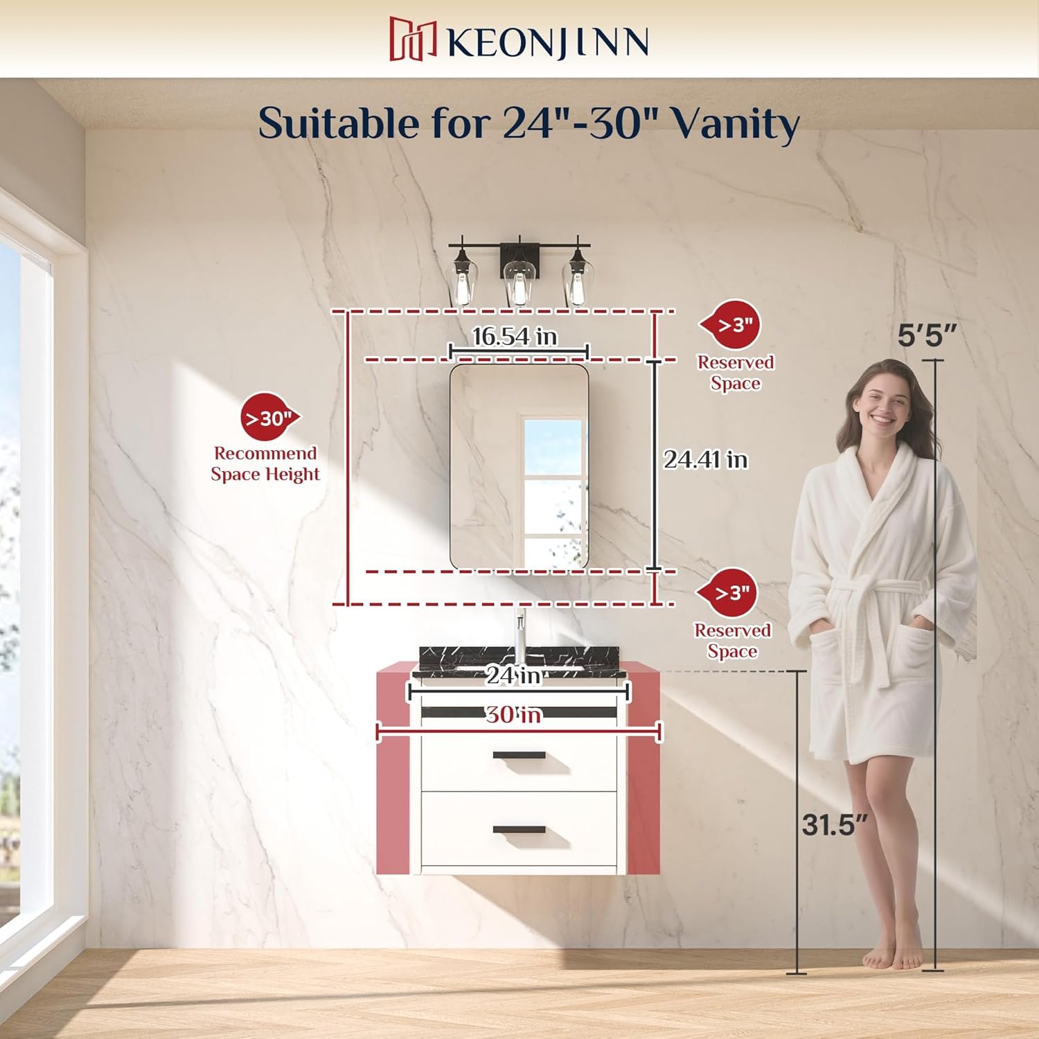 Keonjinn Black Medicine Cabinet 16 x 24 Inch, Bathroom Medicine Cabinet with Mirror, Heavy & Solid Stainless Steel Framed, Adjustable Shelves, Recessed or Wall Mount, Bathroom Mirror with Storage