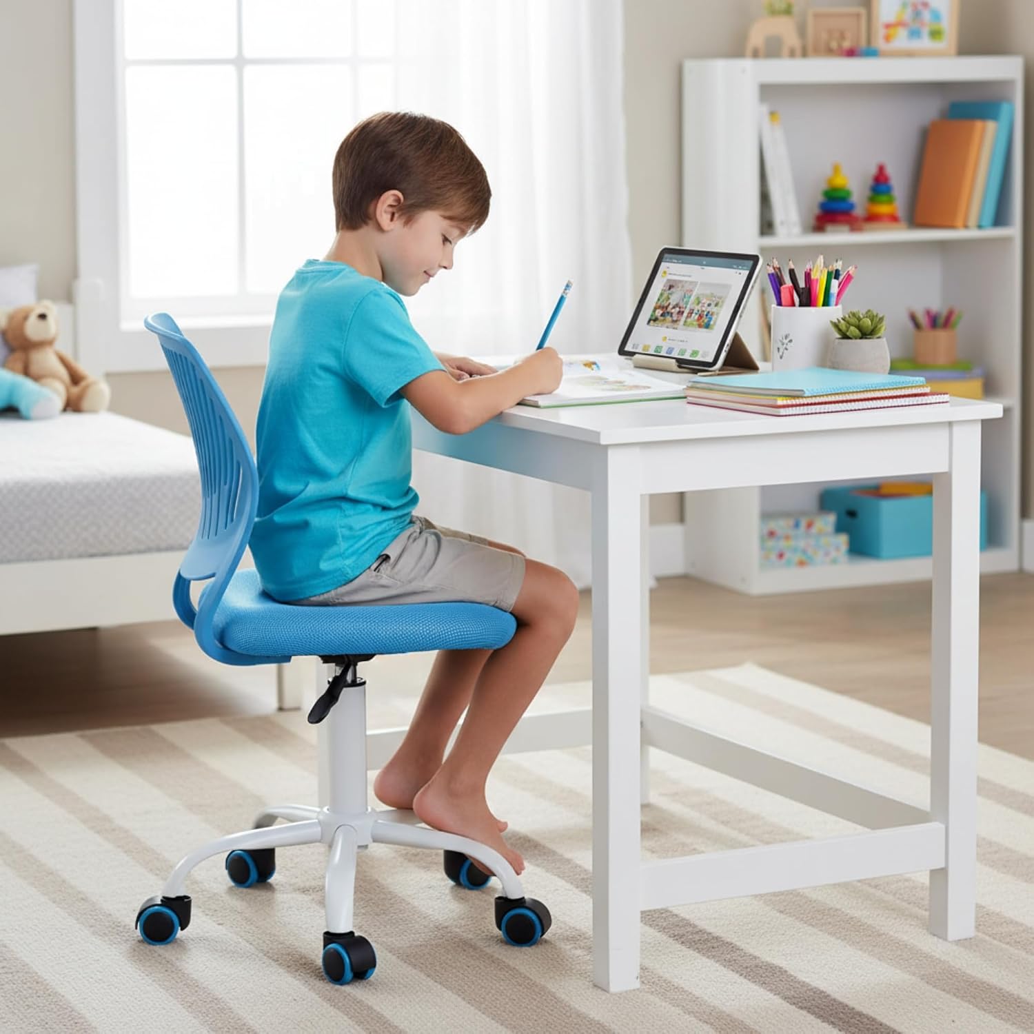 FurnitureR Rolling Study Mesh Desk Chair, Ergonomic Armless Compact Adjsutable Swivel Task Chair with Soft Cushion ad Plastic Mid-Back for Students Teens Children Kids, Sky Blue