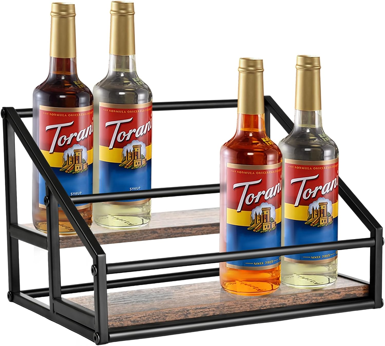 YQBRAO 2-Tier Coffee Syrup Organizer, 8-Bottle Rack, Rustic Brown | Holds up to 8 bottles in two raised rows for coffee bars, kitchens, counters, and beverage stations.