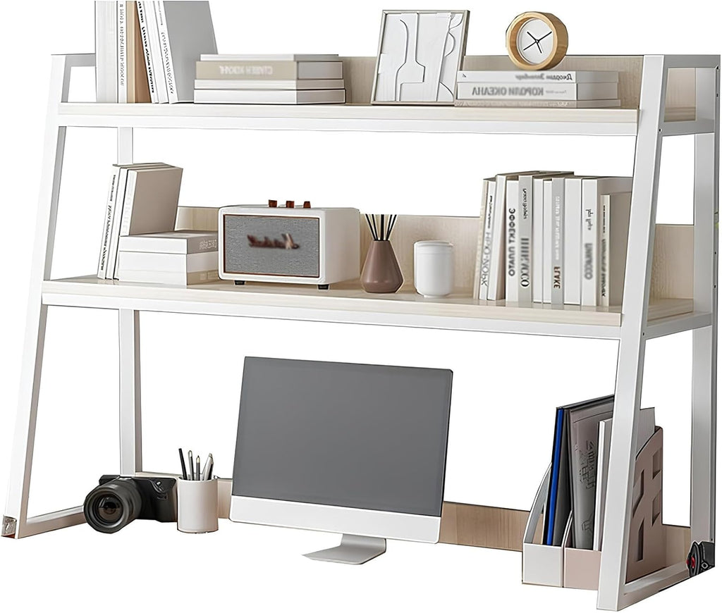Desk Hutch with Ladder Bookshelf, White Desktop Organizer Shelf for Computer Desk, Dorm Room, Home Office – Large