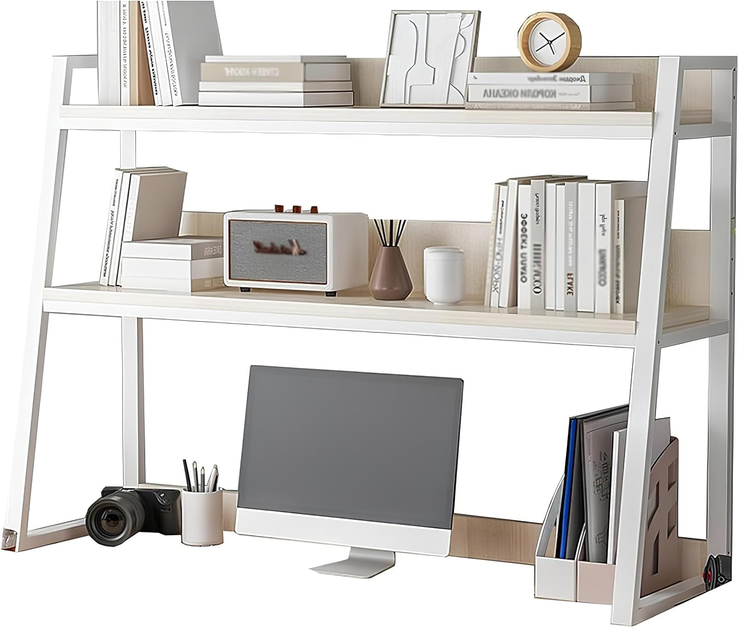 Desk Hutch with Ladder Bookshelf, White Desktop Organizer Shelf for Computer Desk, Dorm Room, Home Office – Large