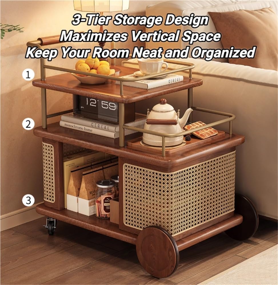 Solid Wood Mobile Side Table with Wheels, Rolling End Table with Storage Shelf, Vintage Couch Table for Living Room Bedroom Small Spaces