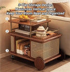 Solid Wood Mobile Side Table with Wheels, Rolling End Table with Storage Shelf, Vintage Couch Table for Living Room Bedroom Small Spaces
