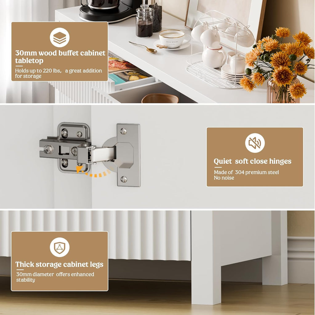 Lulive Fluted Storage Cabinet with Drawers Buffet Sideboard Cabinet with Adjustable Shelves for Kitchen Living Room, Kitchen, Entryway (White, 13.8" D x 55.09" W x 32.8" H)
