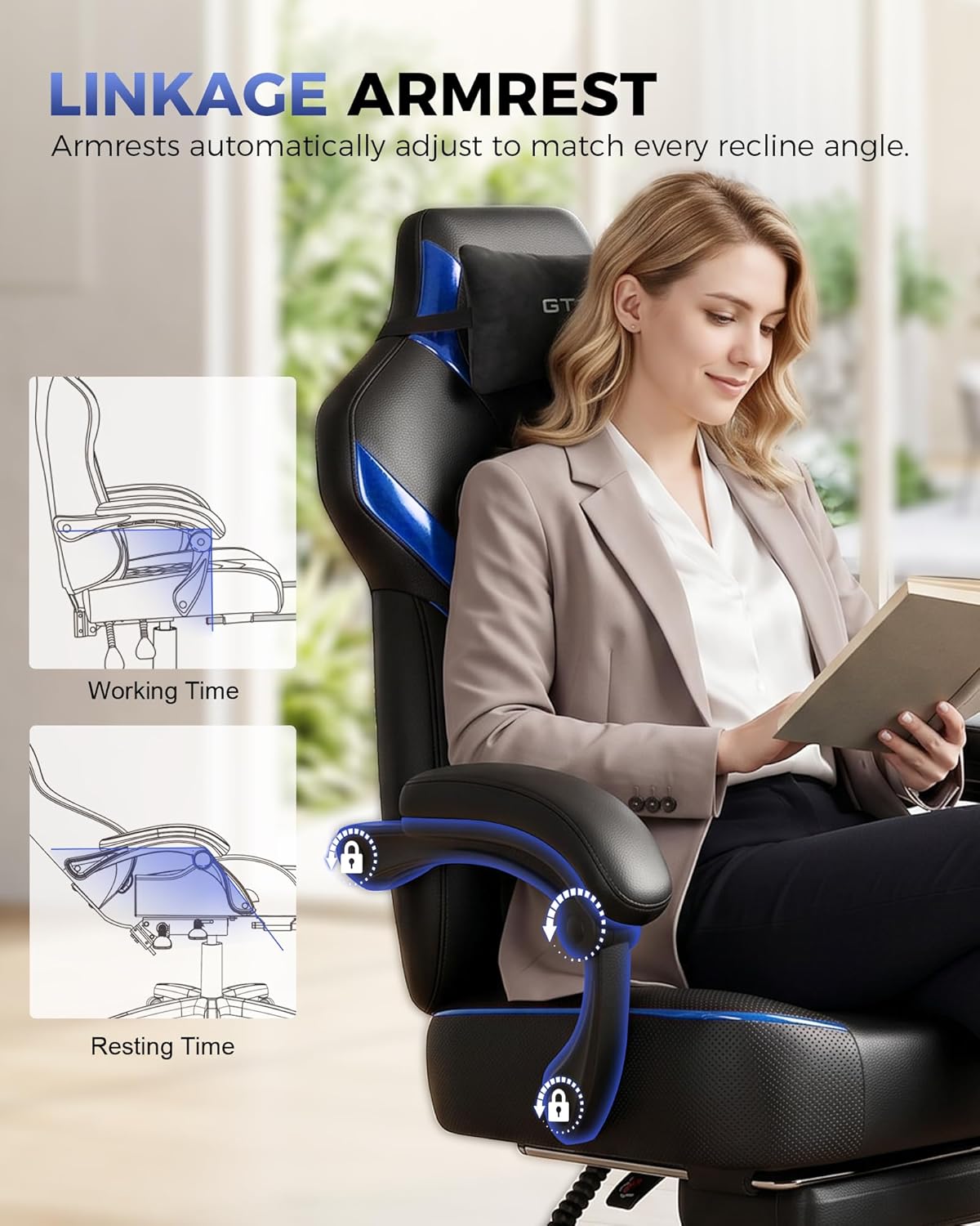 GTPLAYER Big and Tall Gaming Chair with Footrest, High Back Ergonomic Office Chair for Adults, Heavy Duty 350 lbs Capacity, Premium Leather & Iridescent Trim, ACE-Armor, Blue
