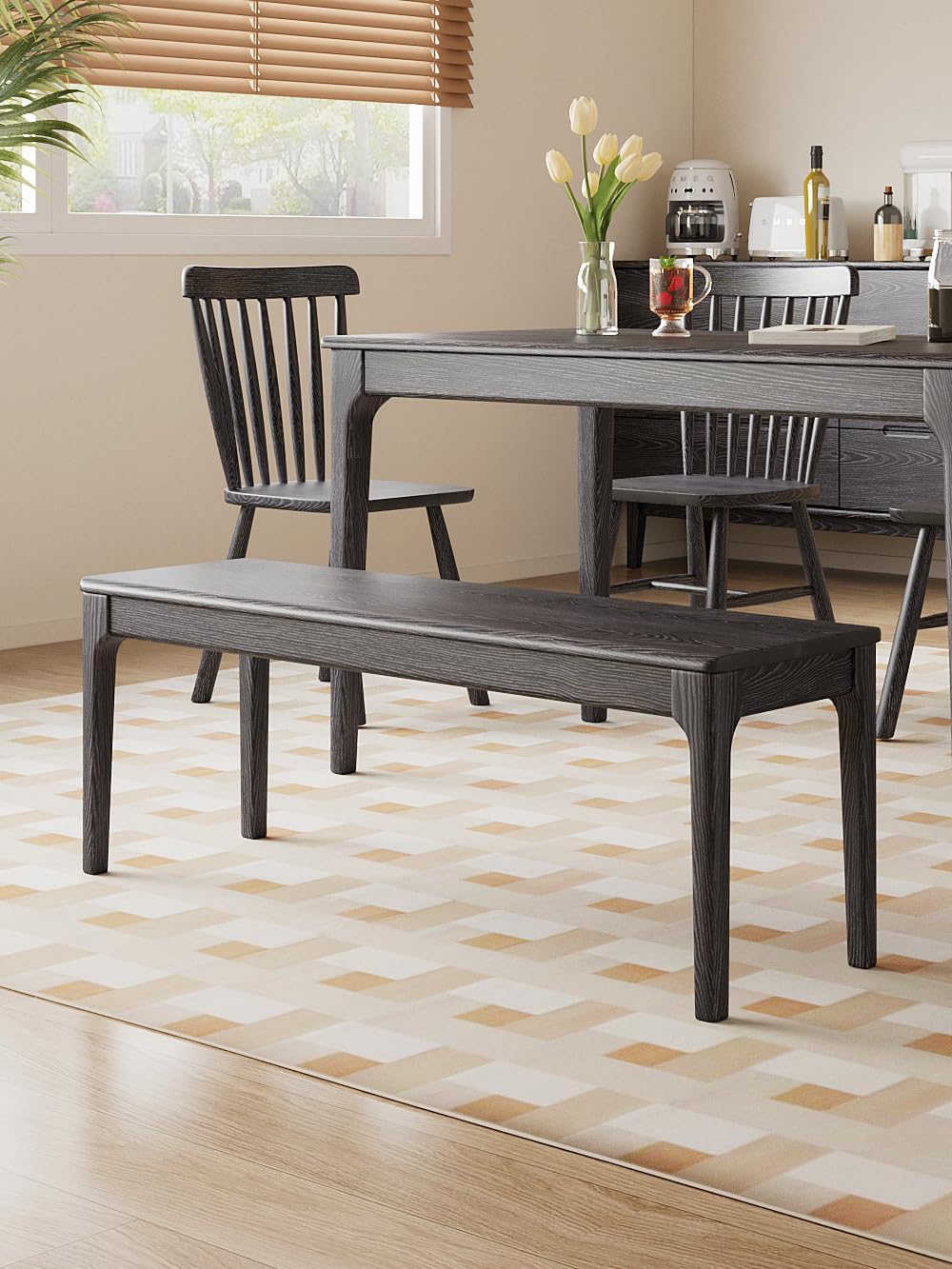 Dining Bench, Wood Bench Solid Oak Wooden Bench Indoor Dining Room Table Home Bedroom Bed End Restaurant Modern Hallway Furniture (Black, 51.2 "Wx 13.8" D x 17.7" H)