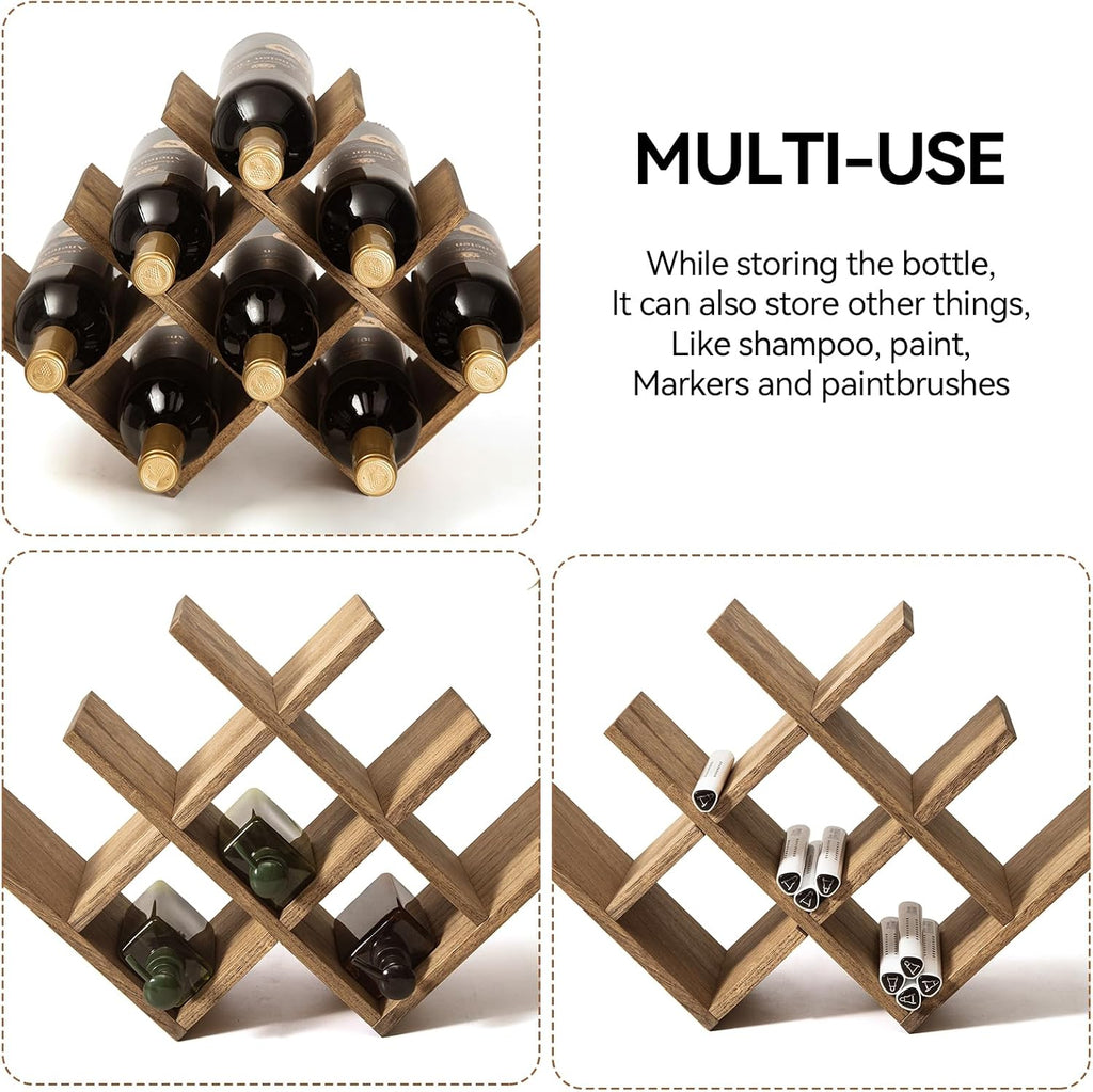 KIRIGEN Wooden Wine Rack, 8-Bottle 3-Tier Countertop Wine Holder, Brown | 16.73 x 5.91 x 11.14 In, Holds 8 Standard Wine Bottles for Cabinets, Pantry Shelves, and Kitchen Counter, Assembly Required