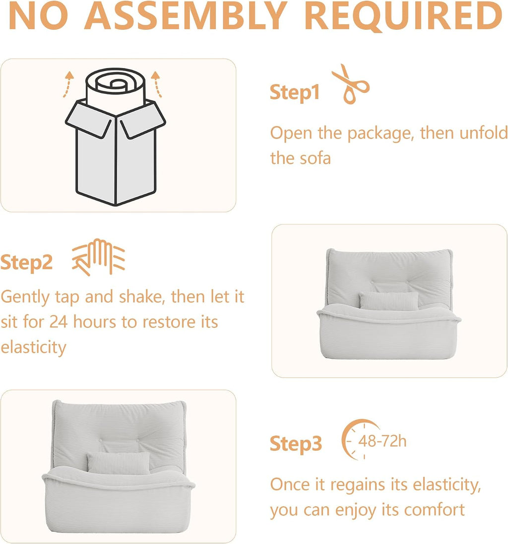 Bean Bag Chair for Adults, Single Lounge Chair with Lumbar Pillow, Comfy Floor Sofa with High-Resilience Foam, Lazy Accent Chair for Living Room, Bedroom, Apartment, Or Reading Corner, White