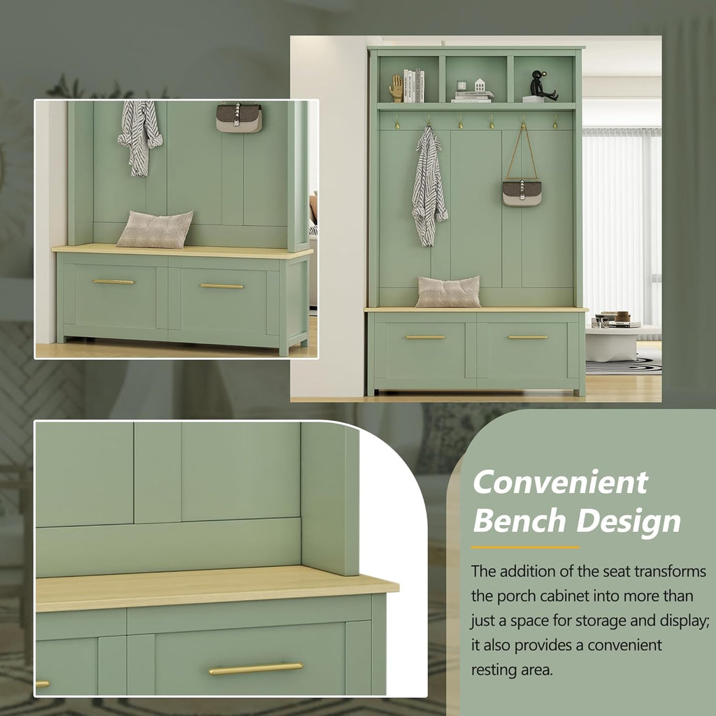 Multifunctional 4-in-1 Hall Tree with 6 Golden Hooks and Brown Wood Grain Storage Bench, Wood Entryway Coat Rack with 2 Drawers for Living Room, Hallway (Mint Green)