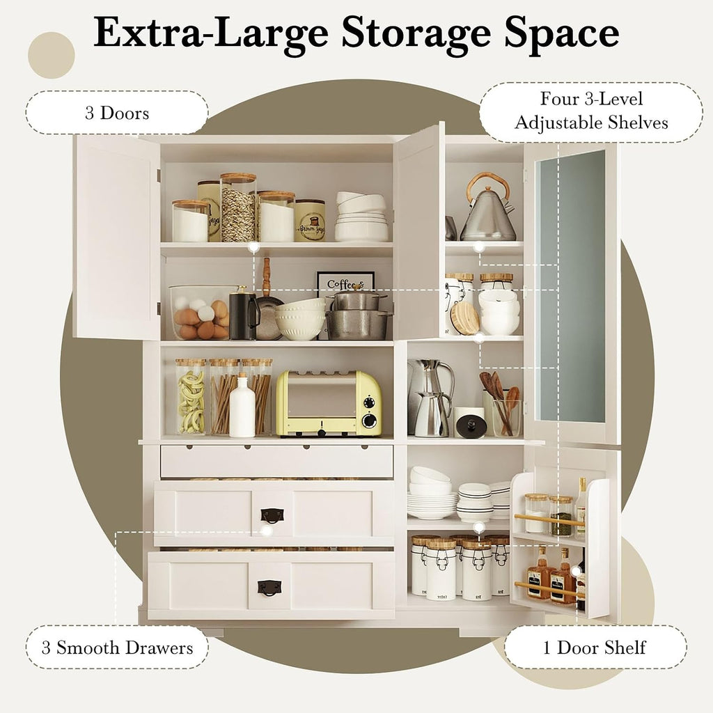 Spaco 78.3" Kitchen Pantry Cabinet with Hutch,Freestanding Food Storage Cabinet with 3 Drawers and 3 Adjustable Shelves,Versatile Buffet Sideboard for Kitchen,Dining Room. (White)