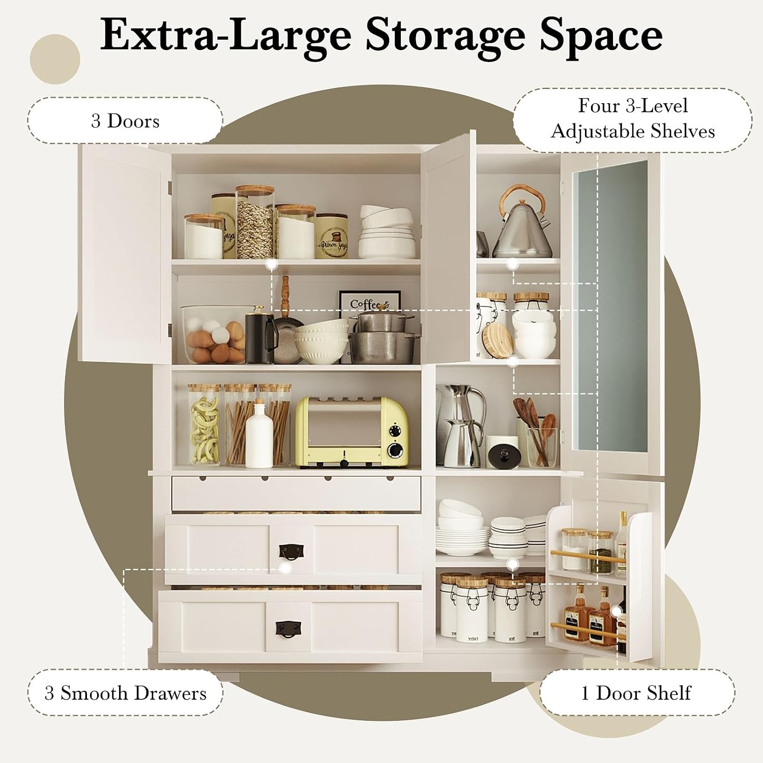 Spaco 78.3" Kitchen Pantry Cabinet with Hutch,Freestanding Food Storage Cabinet with 3 Drawers and 3 Adjustable Shelves,Versatile Buffet Sideboard for Kitchen,Dining Room. (White)