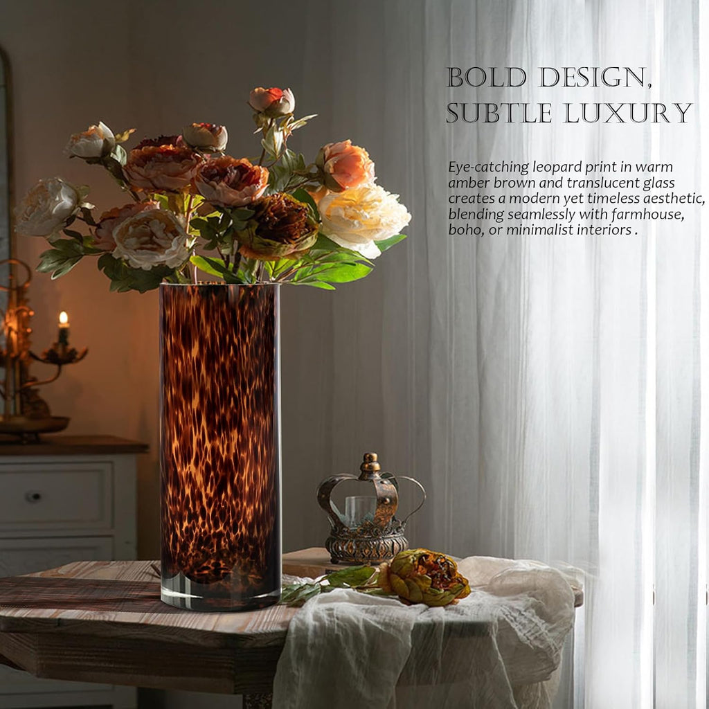 11.8" High Luxe Leopard Glass Vase — Unique Modern Amber Brown Centerpiece for Home Decor, Everyday Elegance Vase