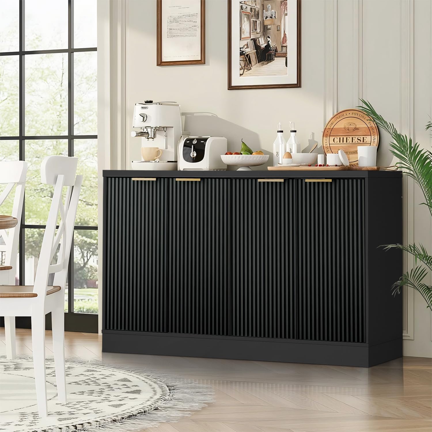 55" Fluted Buffet Sideboard Cabinet, Modern Accent Credenza Table | Adjustable Shelves, CARB P2 Certified Wood Console Cabinet for Kitchen, Dining Room, Living Room, Entryway