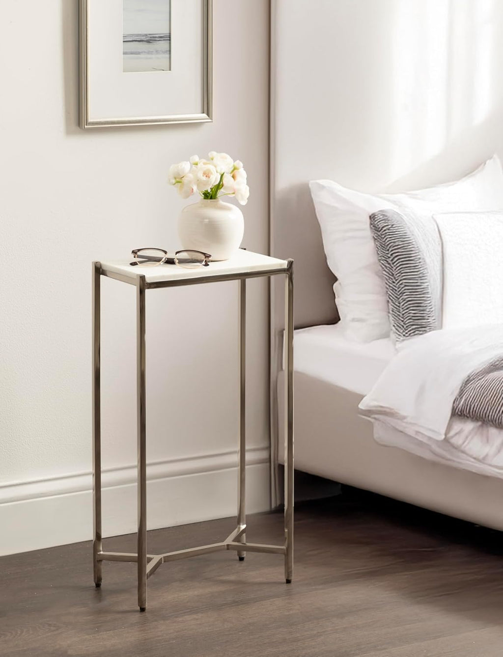 Kate and Laurel Aguilar Modern Glam Slim Side Table, 12 x 7 x 22, White Marble and Silver, Decorative Narrow End Table for Use as Skinny Bedroom Nightstand or Living Room Mini Table