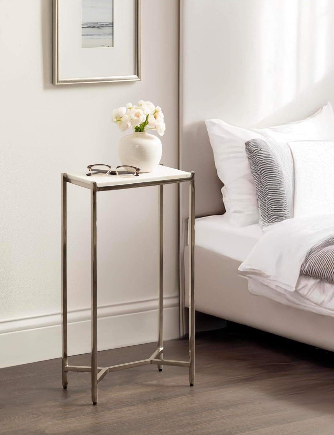 Kate and Laurel Aguilar Modern Glam Slim Side Table, 12 x 7 x 22, White Marble and Silver, Decorative Narrow End Table for Use as Skinny Bedroom Nightstand or Living Room Mini Table